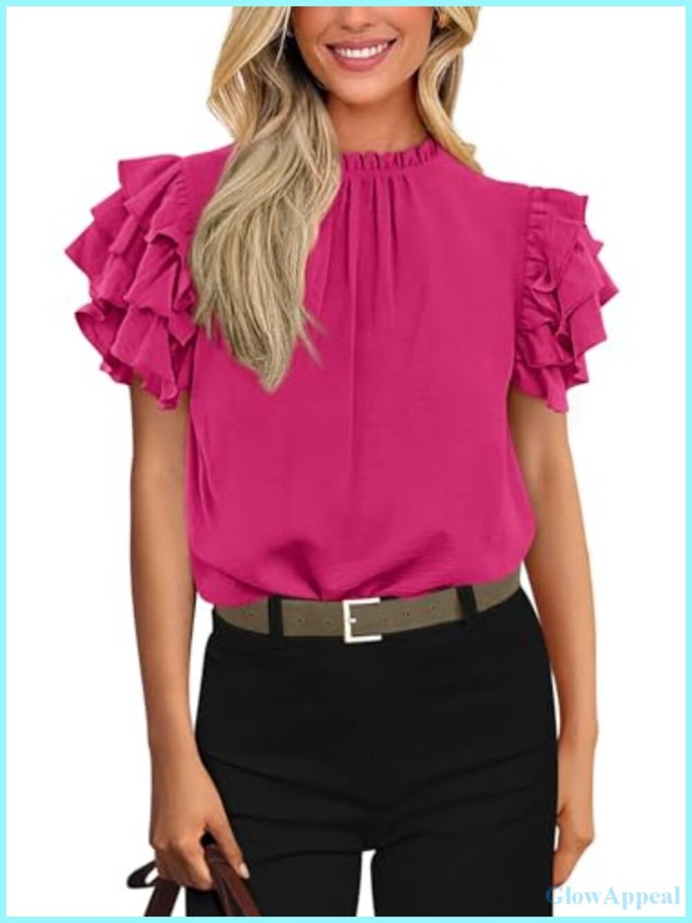 Womens Ruffle Blouse Short Sleeve Mock Neck Keyhole Back Polyester Dressy